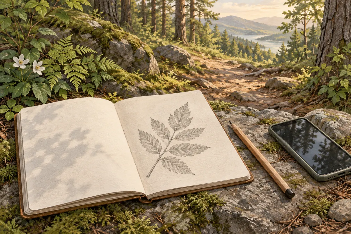 Ilustracja zeszytu ze szkicem liścia, ołówka i telefonu przy leśnej ścieżce.
